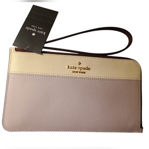 Kate Spade Wristlet Colorblock lilac moon, gold lettering, L zipper  NWT leather
